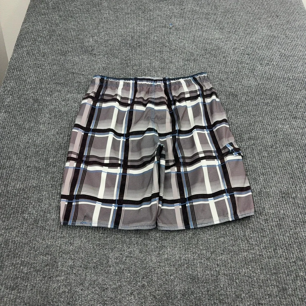 No Fear Board Shorts Mens L Grey Polyester Plaid Cargo Pocket Y2K Skate Surf
